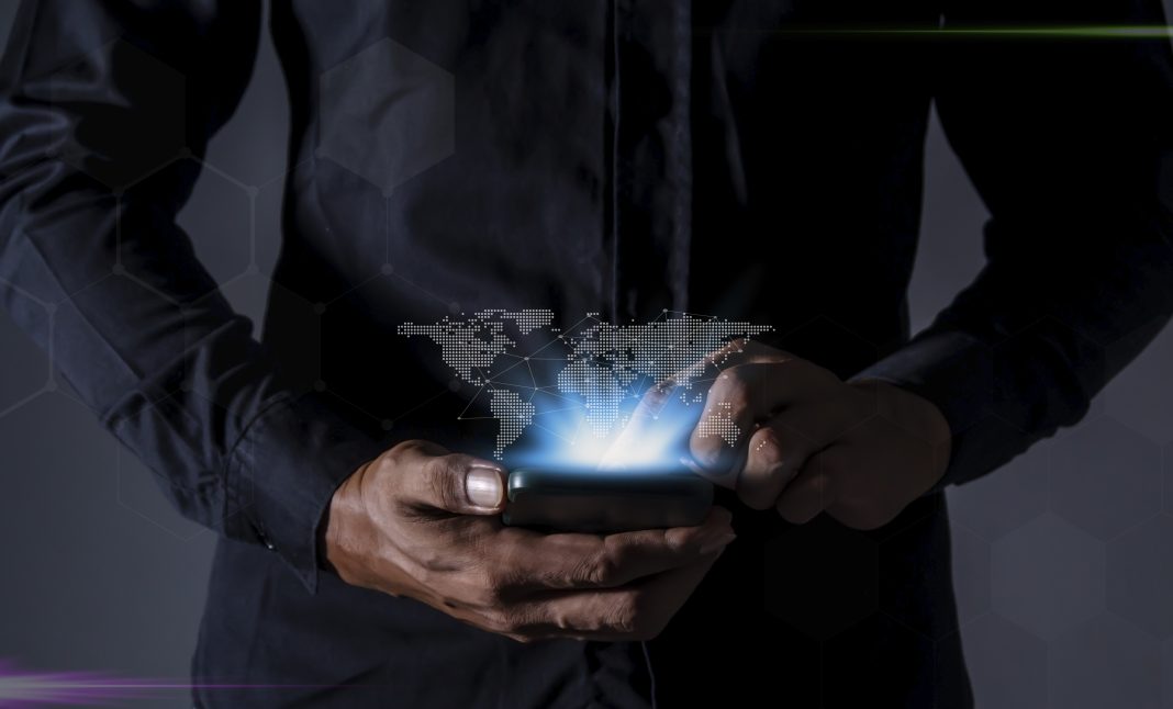 Business man with smartphone mobile online network